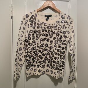 INC Wool Silk Cashmere Blend Sequin Leopard Sweater PM Animal Print Petite M